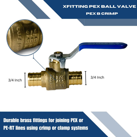 Three Quarter Inch Pex Ball Valve Blue Cold Brass 400 PSI Hundred Pack For All Pex Tubing Brands Works With Crimp Or Clamp Connection Systems