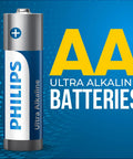 AA Batteries 12 Pack With 1.5V Ultra Alkaline Double A Power, battery and packaging design on a blue background.