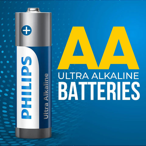AA Batteries 12 Pack With 1.5V Ultra Alkaline Double A Power, battery and packaging design on a blue background.