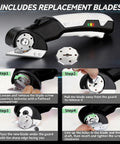 AyP Cordless Electric Scissors 4.2V Rotary Box Cutter With Utility Knife And Storage Case showing replacement blade installation steps.