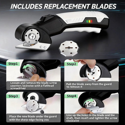 AyP Cordless Electric Scissors 4.2V Rotary Box Cutter With Utility Knife And Storage Case showing replacement blade installation steps.