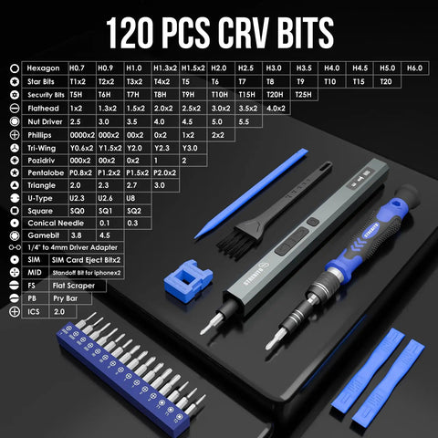 Upgraded Electric Screwdriver Kit With 144 Magnetic Bits displayed with tools and 120 PCS CRV bits on black surface