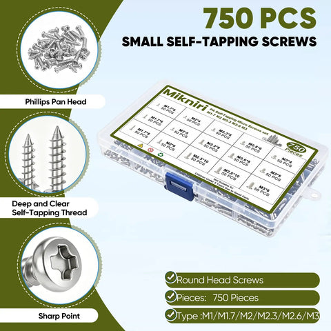 750 Piece Tiny Screws For Plastic And Metal M1.7 To M3 Phillips Pan Head Self Tapping Screws Silver Carbon Steel Kit