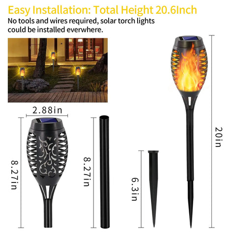 12 Pack Solar Torch Lights With Realistic Flickering Flame, 12 LEDs, IP65 Waterproof Tiki Torches illustration with dimensions