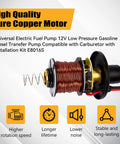 Heavy Duty 12V Inline Electric Fuel Pump Delivering Smooth 2.5 To 4.5 Psi Output with visible pure copper motor and wiring.