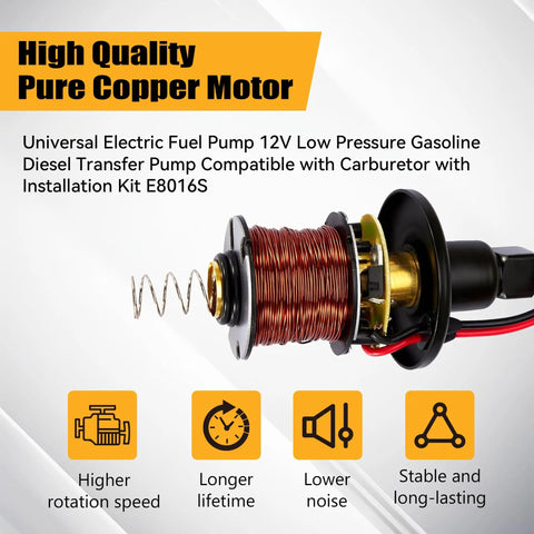 Heavy Duty 12V Inline Electric Fuel Pump Delivering Smooth 2.5 To 4.5 Psi Output with visible pure copper motor and wiring.