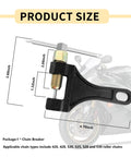 Side view of motorcycle chain breaker tool; black metal body with silver threaded bolt for 420-530 chains.