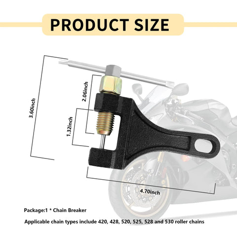 Side view of motorcycle chain breaker tool; black metal body with silver threaded bolt for 420-530 chains.