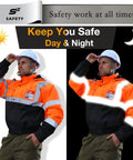 Hi Vis Reflective Bomber Jacket For Men Waterproof And Windproof Safety Coat With Zipper Detachable Hood Multiple Pockets Black Bottom Class 3 High Visibility Workwear For Construction And Outdoor Jobs, shown in day and night visibility.