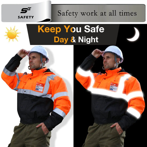 Hi Vis Reflective Bomber Jacket For Men Waterproof And Windproof Safety Coat With Zipper Detachable Hood Multiple Pockets Black Bottom Class 3 High Visibility Workwear For Construction And Outdoor Jobs, shown in day and night visibility.