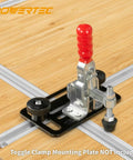 Heavy Duty Aluminum T Track 48 Inch Long Two Pack For Woodworking, mounting toggle clamp on workbench, close-up view