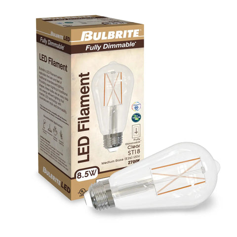Pack Of 10 Filament LED Bulbs 8.5W ST18 2700K Warm White Dimmable Long Life for Vintage Decor, clear glass bulb next to box