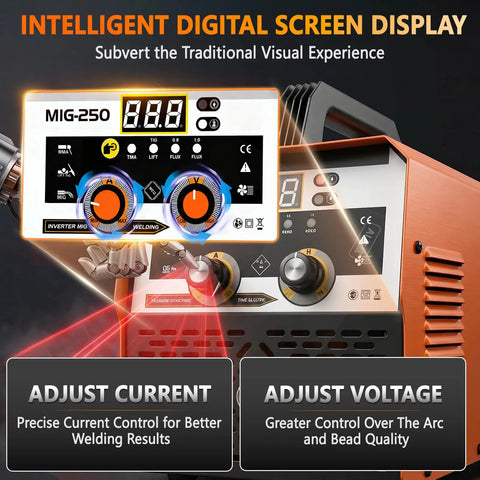 Super Tough 3-In-1 Mig Stick Welder With Lift Tig And Flux Core For Metal Repair and DIY Projects Featuring Smart Sync Control LED Display close-up.
