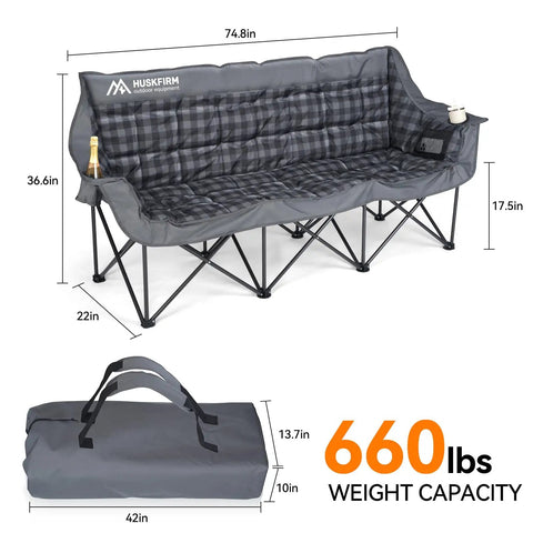 Three Person Padded Camping Chair Loveseat, Foldable Double Camp Couch with cup holders, carry bag, shown folded and open.