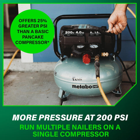 Person adjusting The Tank Portable Pancake Air Compressor 200 PSI 6 Gallon Tank Built For Framing Siding Finish Brad Or Roofing Nailer Tasks Pro Grade Power Lightweight Diy Ready For Pros And Weekend Warriors