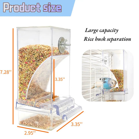 Two Piece Automatic Bird Feeder Kit With Clear Acrylic Hopper And Rock Solid Gravity Valve For Parakeets And Lovebirds, 7.28x3.35x2.95in.