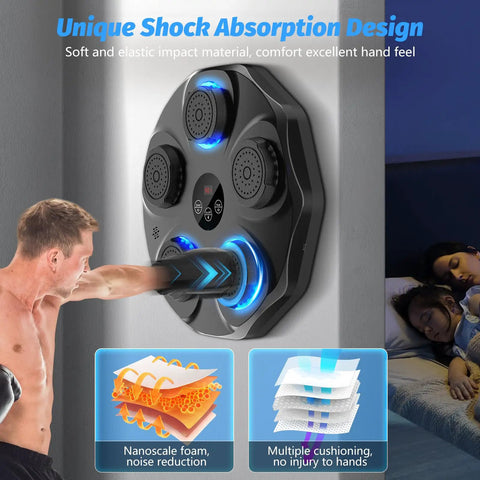 Music Boxing Machine Interactive Punching Trainer With Boxing Gloves Wall Mounted Electronic Boxing Target for Adults and Kids showing a user punching the target.
