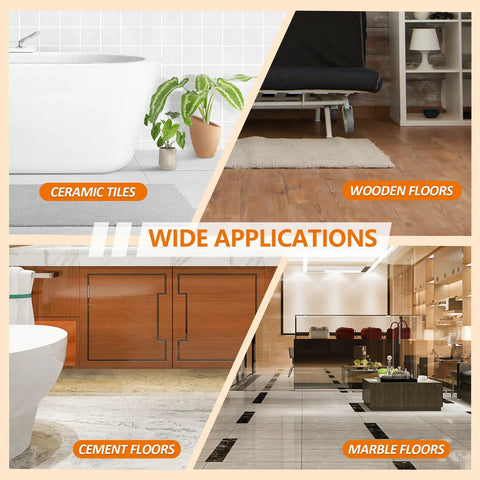Four types of flooring applications: ceramic tiles, wooden floors, cement floors, and marble floors for versatile use.