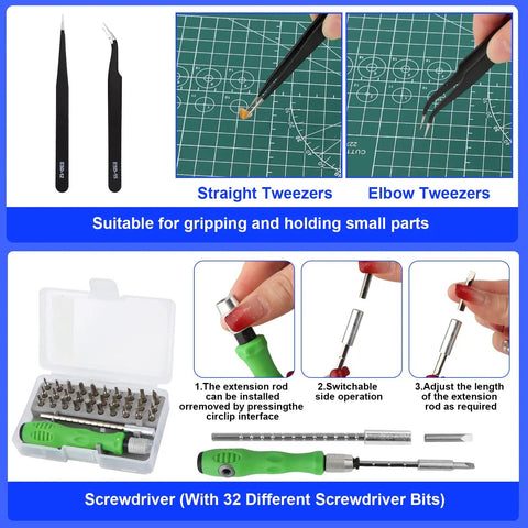 103 Piece Professional Model Tool Kit For Plastic Models And Gunpla showing tweezers and screwdriver with bits