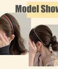 Premium Skinny Leather Headbands For Women Five Piece Set, Soft Top Grain Leather Hair Accessories, Non Slip Minimalist Fit, Zero Drama Comfort That Hits Different Daily, Model showcasing two headbands.