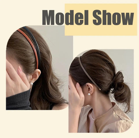 Premium Skinny Leather Headbands For Women Five Piece Set, Soft Top Grain Leather Hair Accessories, Non Slip Minimalist Fit, Zero Drama Comfort That Hits Different Daily, Model showcasing two headbands.