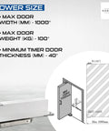 Heavy Duty Door Closer And Hidden Pivot Hinges With Stainless Steel Shaft For Wood And Metal Doors Self Closing Quiet Operation Durable Aluminum Alloy Hardware Made In Taiwan, showing product size chart and door illustration.