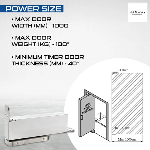 Heavy Duty Door Closer And Hidden Pivot Hinges With Stainless Steel Shaft For Wood And Metal Doors Self Closing Quiet Operation Durable Aluminum Alloy Hardware Made In Taiwan, showing product size chart and door illustration.