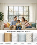 White No Drill Tension Curtain Rods Extends From 41 To 146 Inches in living room with family on sofa and wall types shown