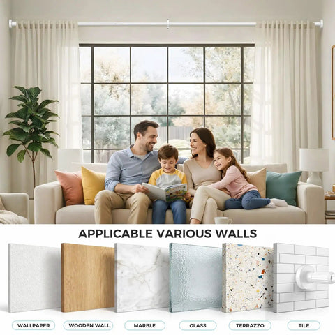 White No Drill Tension Curtain Rods Extends From 41 To 146 Inches in living room with family on sofa and wall types shown
