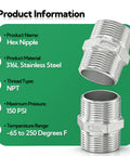Legit Heavy Duty 316L Stainless Steel Hex Nipple Pipe Fitting showcasing dual Male NPT threads and maximum pressure rating.