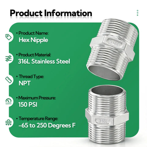Legit Heavy Duty 316L Stainless Steel Hex Nipple Pipe Fitting showcasing dual Male NPT threads and maximum pressure rating.