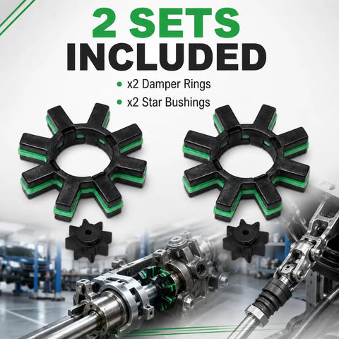 Two Piece Electric Power Steering Shaft Coupler With Integrated Motor Damper Bushing Kit, includes 2 damper rings and 2 star bushings.