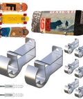 Four Pack Aluminum Wall Mount Skateboard Racks for Display showing multiple boards and mounting hardware in chrome finish.