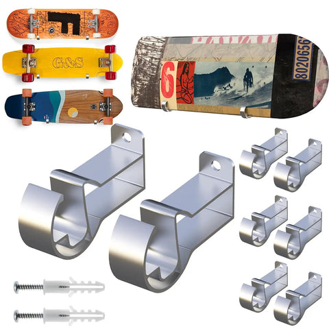 Four Pack Aluminum Wall Mount Skateboard Racks for Display showing multiple boards and mounting hardware in chrome finish.