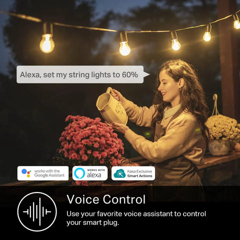 Woman adjusting dimmable string lights with Outdoor Smart Dimmer Plug For Dimmable String Lights, Weather Ready IP64, Works With Alexa, Google Assistant, And SmartThings, 2.4GHz WiFi, No Hub Needed, ETL Certified For Easy Mood Lighting.