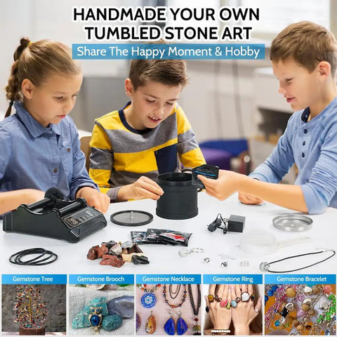 Children using Totally Complete Gemstone Tumbler Kit For Adults And Kids With LCD Display, 9 Speed Motor And 9 Day Timer