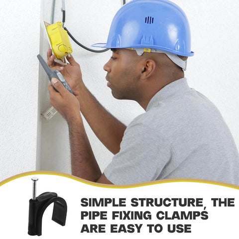 100 Pack Black 25mm Plastic Half Clamp Fixtures With Steel Nails for pipe support; person wiring a cable with clamps shown.