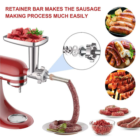 Installed metal meat grinder attachment for KitchenAid stand mixer with 4 grinding plates, 3 sausage tubes, 2 blades.