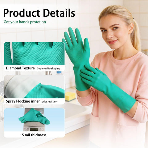 Badass Heavy Duty Nitrile Chemical Resistant Gloves Two Pair Medium Latex Free With Rock Solid Non Slip Grip And 15 Mil Thick Armor Against Oils Acids Or Serious Household Chores worn by a woman showing diamond texture for no slipping.
