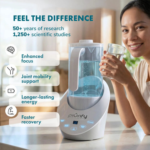 Woman using Three In One Hydrogen Water Generator Pitcher With Hydrogen Infusion Magnetic Vortex Structured Water Calcium Sulfite Filter