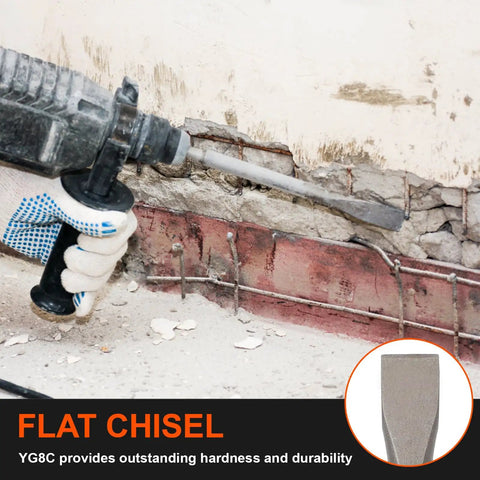 SDS Plus 6 Piece Chisel Set Heavy Duty Rotary Hammer Chisels For Demolition And Home Improvement in use on concrete wall