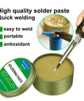 No Clean Rosin Solder Flux Paste For Electronics, Lead Free PCB Soldering Flux, 100g tin open next to soldering iron in use