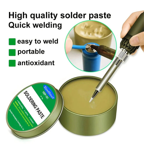 No Clean Rosin Solder Flux Paste For Electronics, Lead Free PCB Soldering Flux, 100g tin open next to soldering iron in use