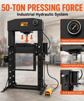 Beefy 50 Ton Air Hydraulic Shop Press With Foot Pedal Heavy Duty H Frame Hydraulic Press Machine Adjustable Height Bearing Press For Garage Automotive Repair And Industrial Workshop Use, front view with gauge
