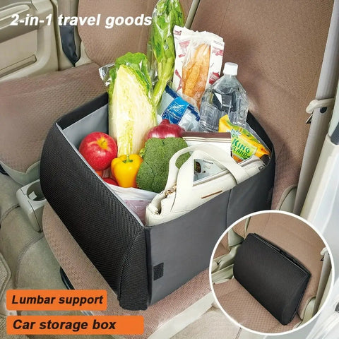 Premium Dual Purpose Car Seat Storage Box With Built In Lumbar Support Cushion For Tesla Cybertruck filled with groceries in vehicle.