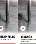Comparison of non-slip furniture pads, showing weak adhesive versus strong adhesive backing on hardwood floors.