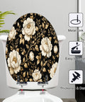 Elongated Peonies roses Floral vintage seamless Gold white Toilet Seat mounted on toilet with durable metal link and easy installation.