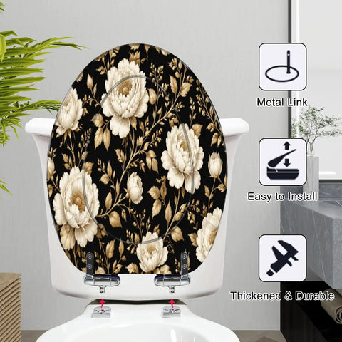 Elongated Peonies roses Floral vintage seamless Gold white Toilet Seat mounted on toilet with durable metal link and easy installation.