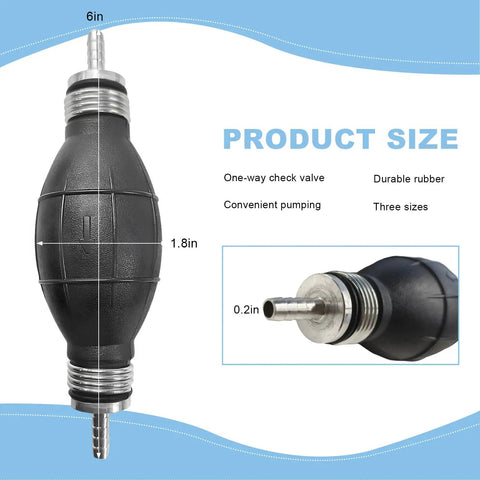 Heavy Duty Manual Fuel Transfer Pump With High Flow Rubber Bulb Primer And One Way Vacuum Line, 6in size, durable rubber material.