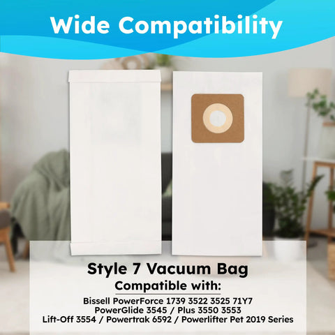 Nine Pack Style 7 Vacuum Bags For Bissell PowerForce Uprights And PowerGlide Models Including Lift Off Plus 3550 3553 3554 Powerlifter Pet 2019 Series With High Filtration And Easy Fit shown in packaging with compatibility details.